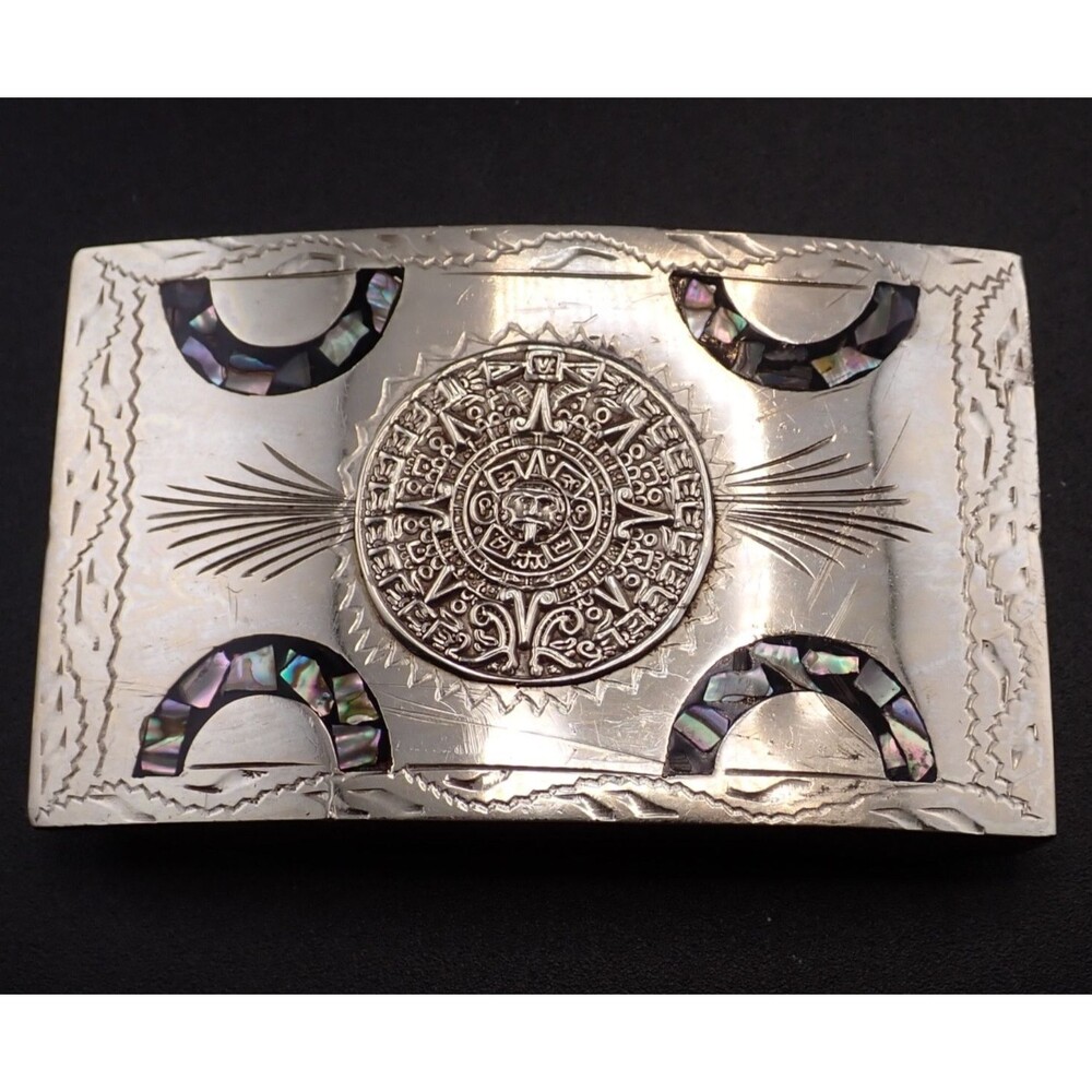 Abalone Shell Inlay Alpaca Silver Belt Buckle Signed Mexico Unisex Tribal Ethnic